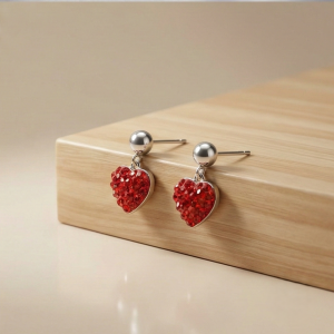925 Sterling Silver Red Pave Heart Drop Earrings High Polish Jewellery for Women