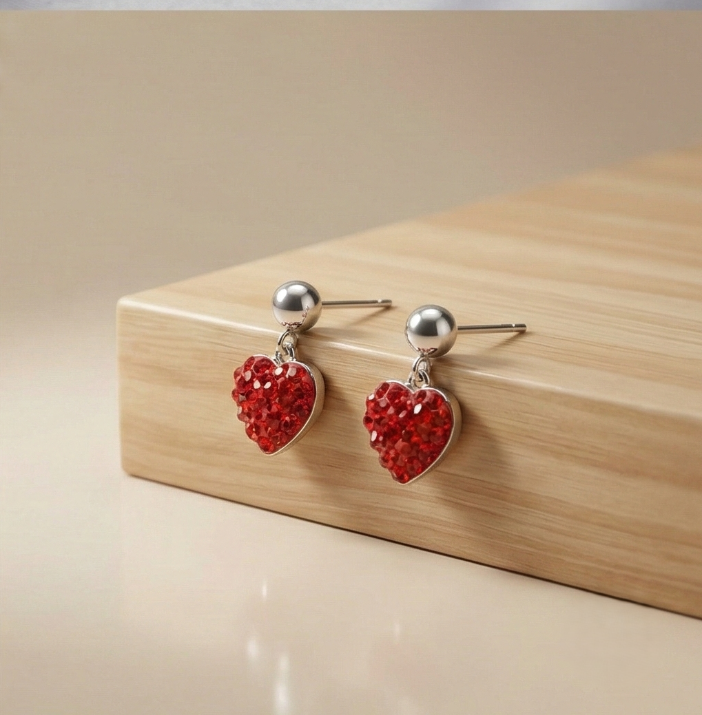 925 Sterling Silver Red Pave Heart Drop Earrings High Polish Jewellery for Women