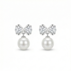 925 Sterling Silver Bow Knot Pearl Drop Earrings High Polish Jewellery