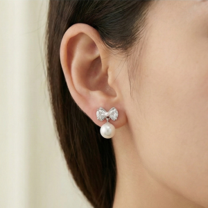 925 Sterling Silver Bow Knot Pearl Drop Earrings High Polish Jewellery