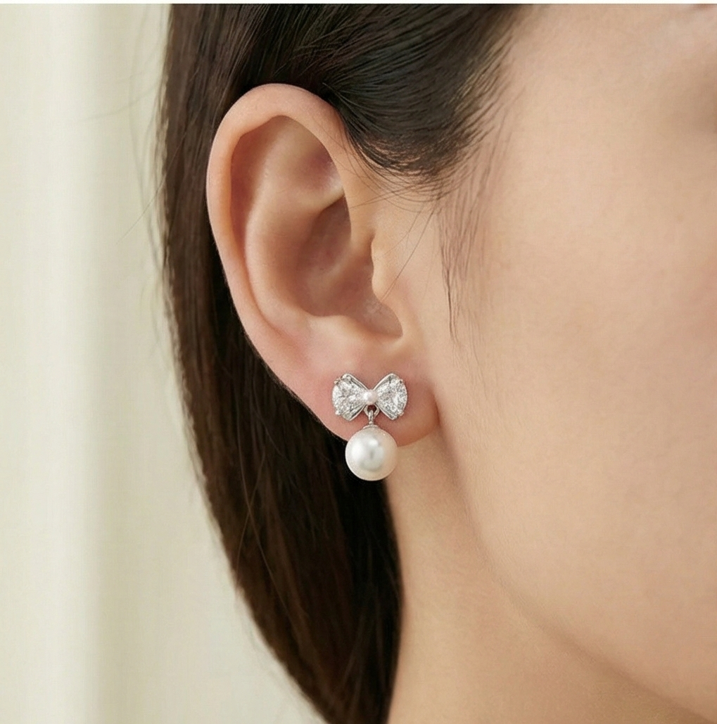 925 Sterling Silver Bow Knot Pearl Drop Earrings High Polish Jewellery