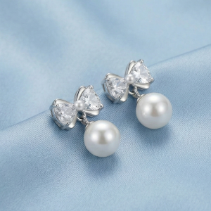 925 Sterling Silver Bow Knot Pearl Drop Earrings High Polish Jewellery