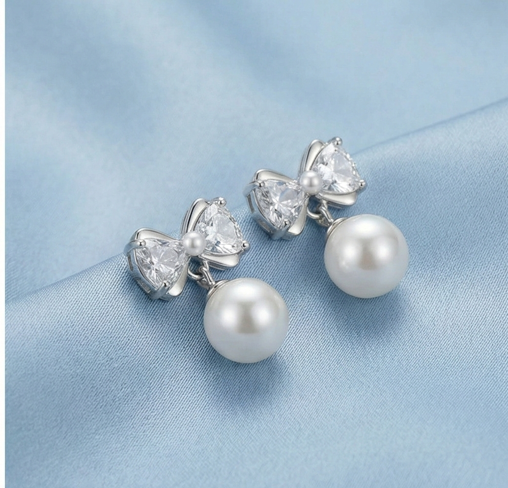 925 Sterling Silver Bow Knot Pearl Drop Earrings High Polish Jewellery