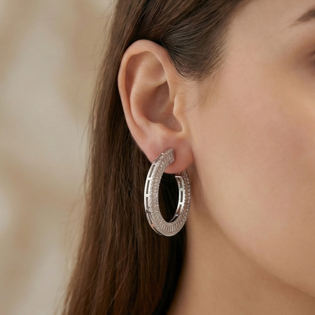 925 Sterling Silver Baguette Lined C-Hoop Earrings Statement Jewellery