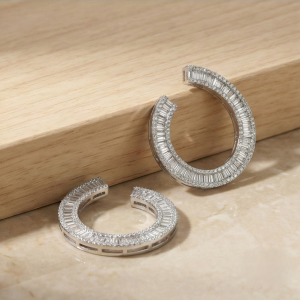925 Sterling Silver Baguette Lined C-Hoop Earrings Statement Jewellery