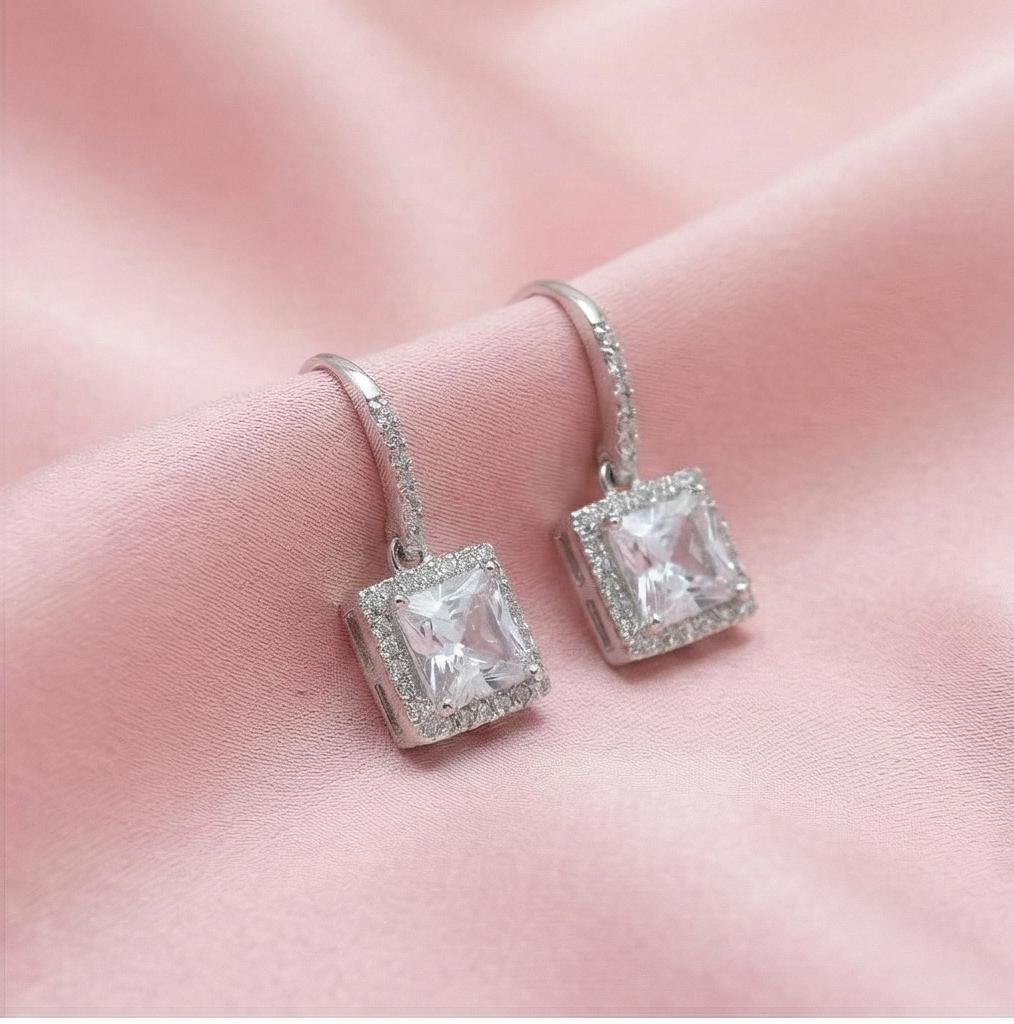 925 Sterling Silver Square Solitaire Drop Earrings with Halo Hoop High Polish Rhodium Finish Jewellery