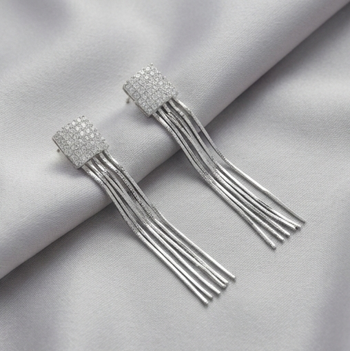 925 Sterling Silver Square Stud Chain Tassel Dangler Earrings Party Jewellery