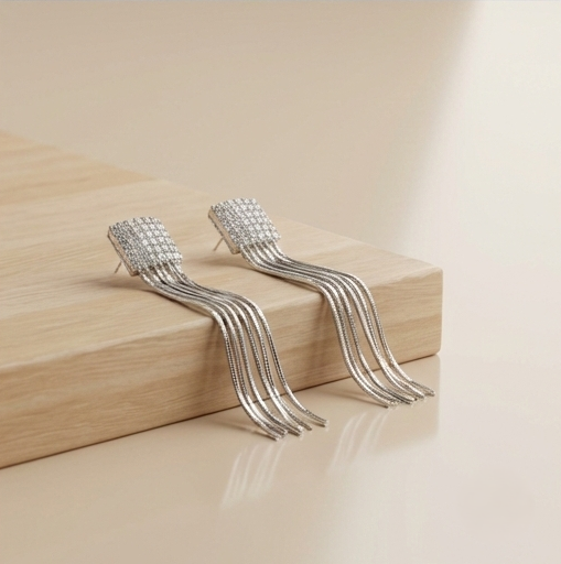 925 Sterling Silver Square Stud Chain Tassel Dangler Earrings Party Jewellery
