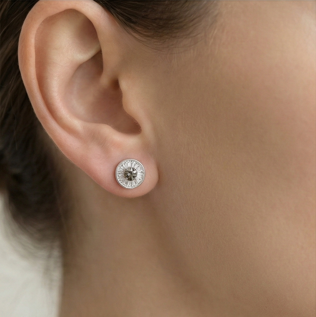 925 Sterling Silver Round Halo Stud Earrings with Smoky Quartz Tone Stone Jewellery