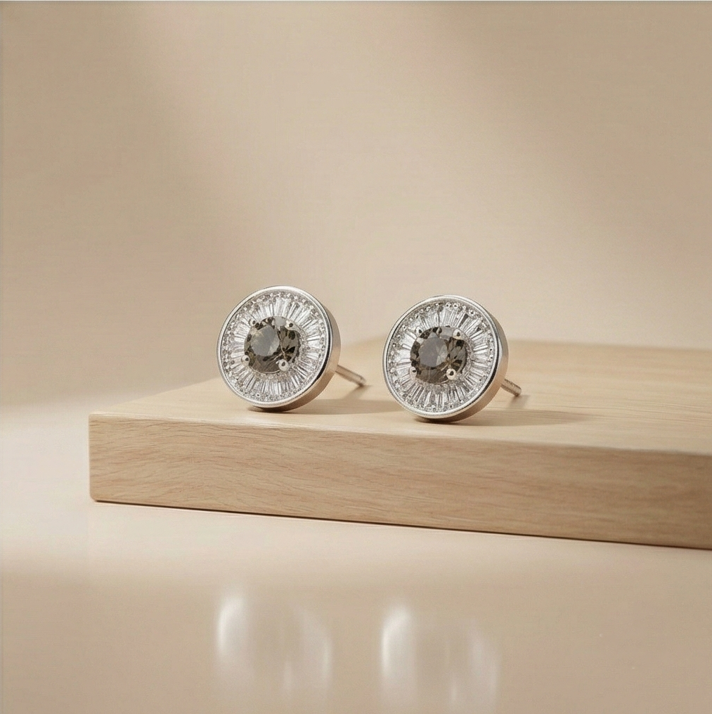 925 Sterling Silver Round Halo Stud Earrings with Smoky Quartz Tone Stone Jewellery