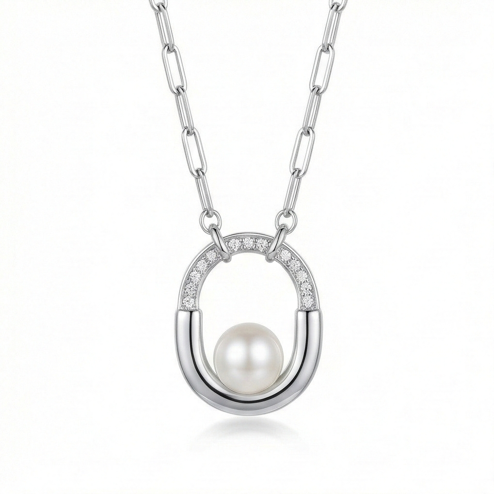 925 Sterling Silver Geometric Oval Pearl Pendant Necklace with Link Chain Jewellery