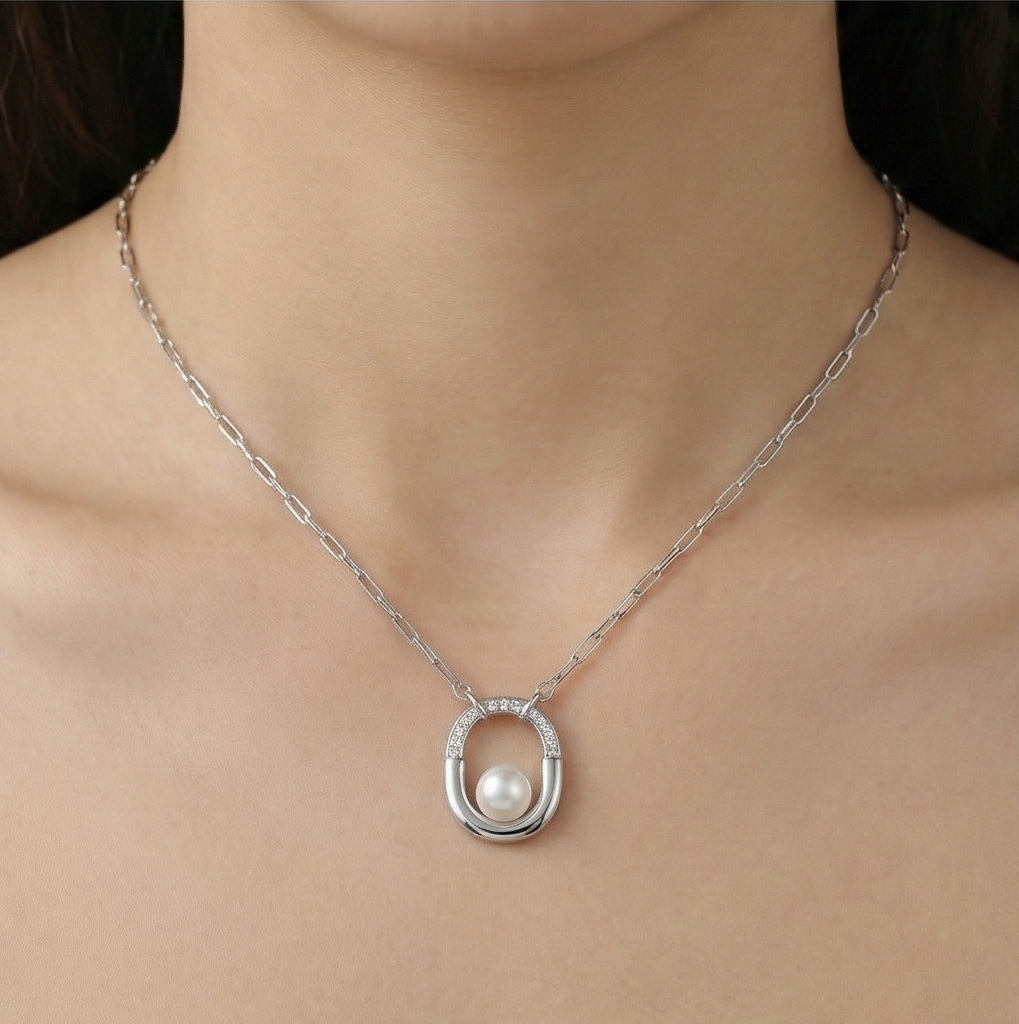 925 Sterling Silver Geometric Oval Pearl Pendant Necklace with Link Chain Jewellery