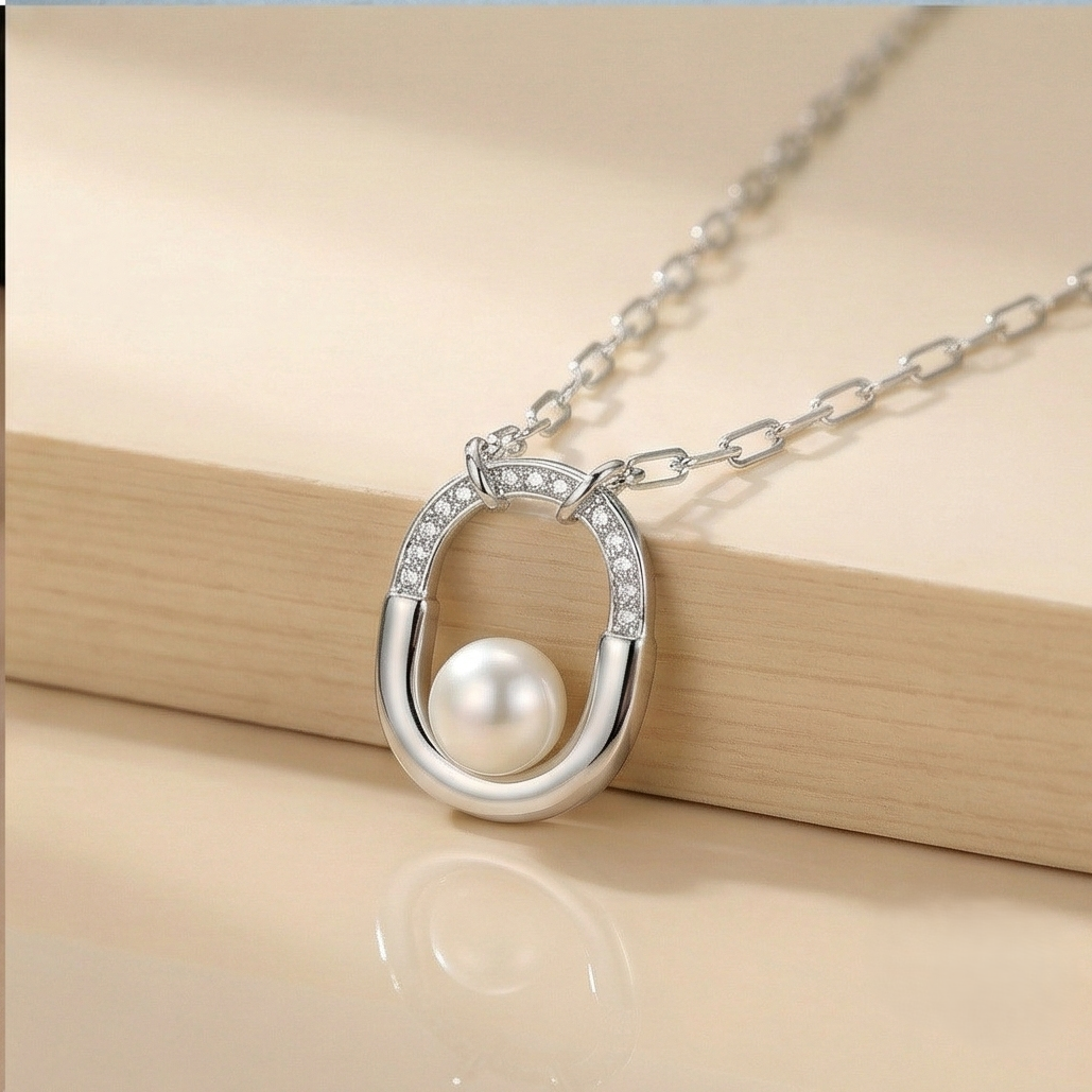 925 Sterling Silver Geometric Oval Pearl Pendant Necklace with Link Chain Jewellery