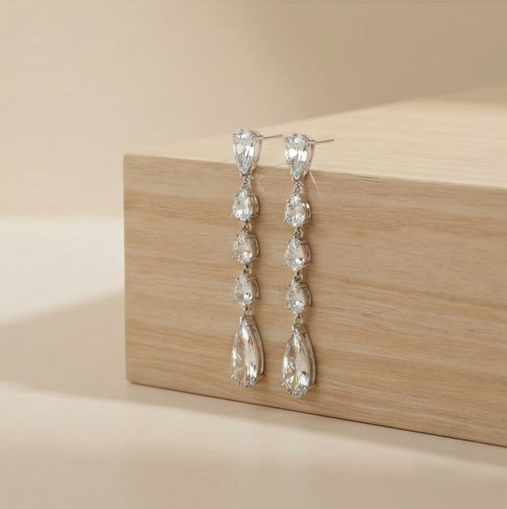 925 Sterling Silver Long Linear Pear Dangle Earrings High Polish Rhodium Jewellery