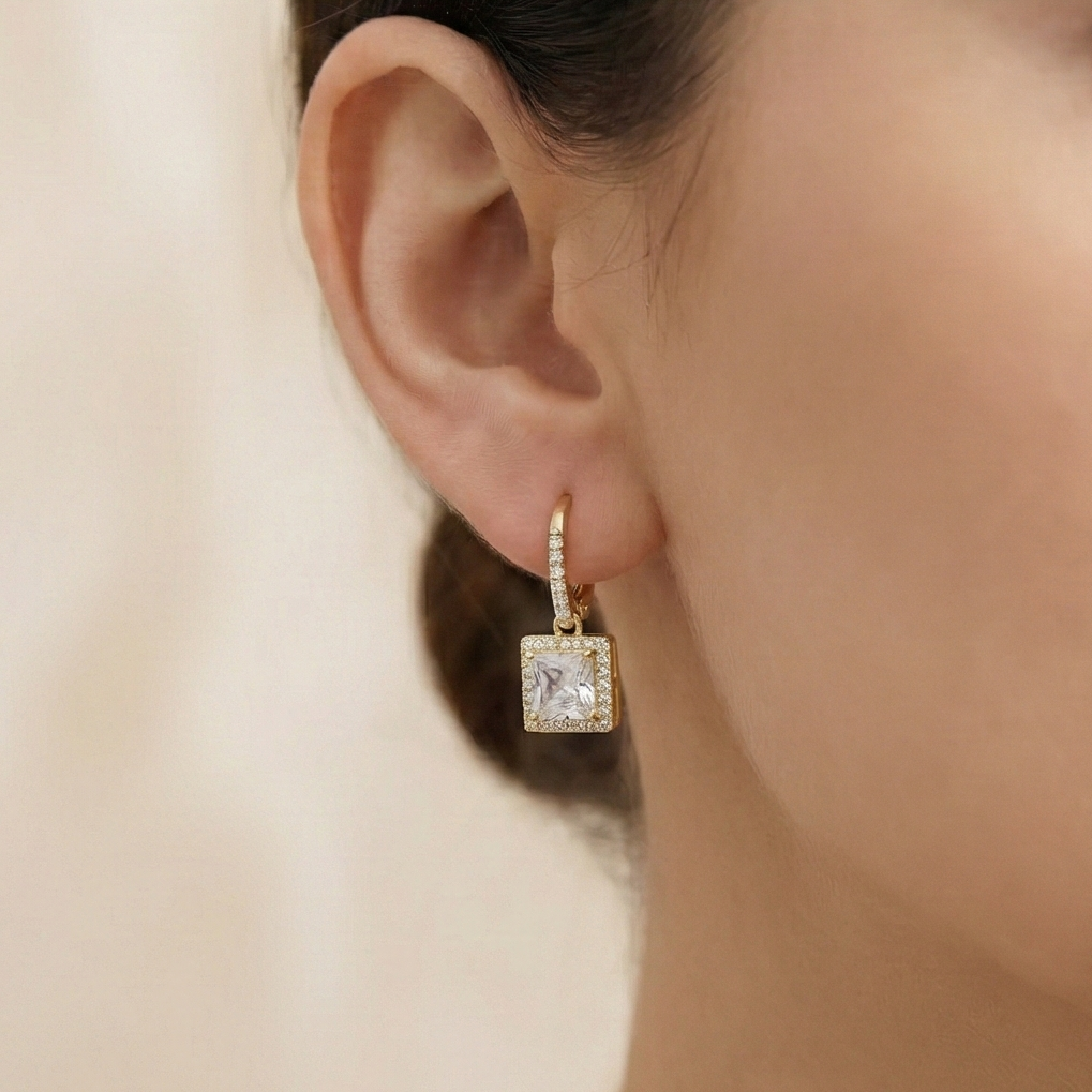 925 Sterling Silver Square Solitaire Drop Earrings with Halo Hoop Yellow Gold Plated Jewellery