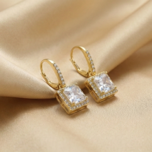925 Sterling Silver Square Solitaire Drop Earrings with Halo Hoop Yellow Gold Plated Jewellery