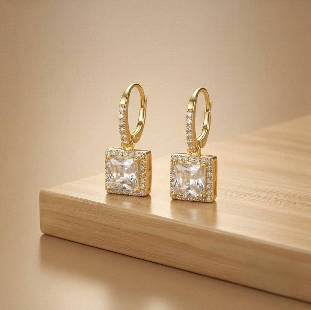 925 Sterling Silver Square Solitaire Drop Earrings with Halo Hoop Yellow Gold Plated Jewellery