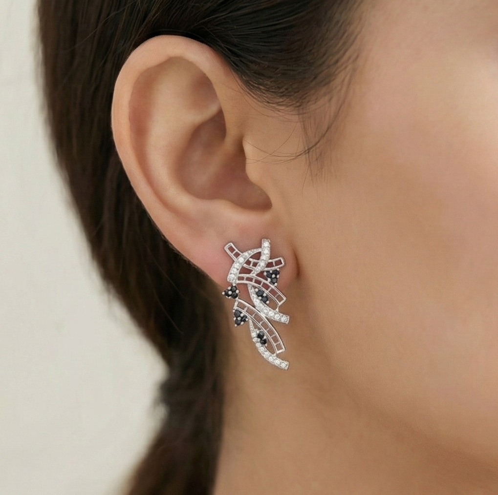 925 Sterling Silver Abstract Wave Stud Earrings with Black and White Stones for Women Rhodium Plated Jewellery
