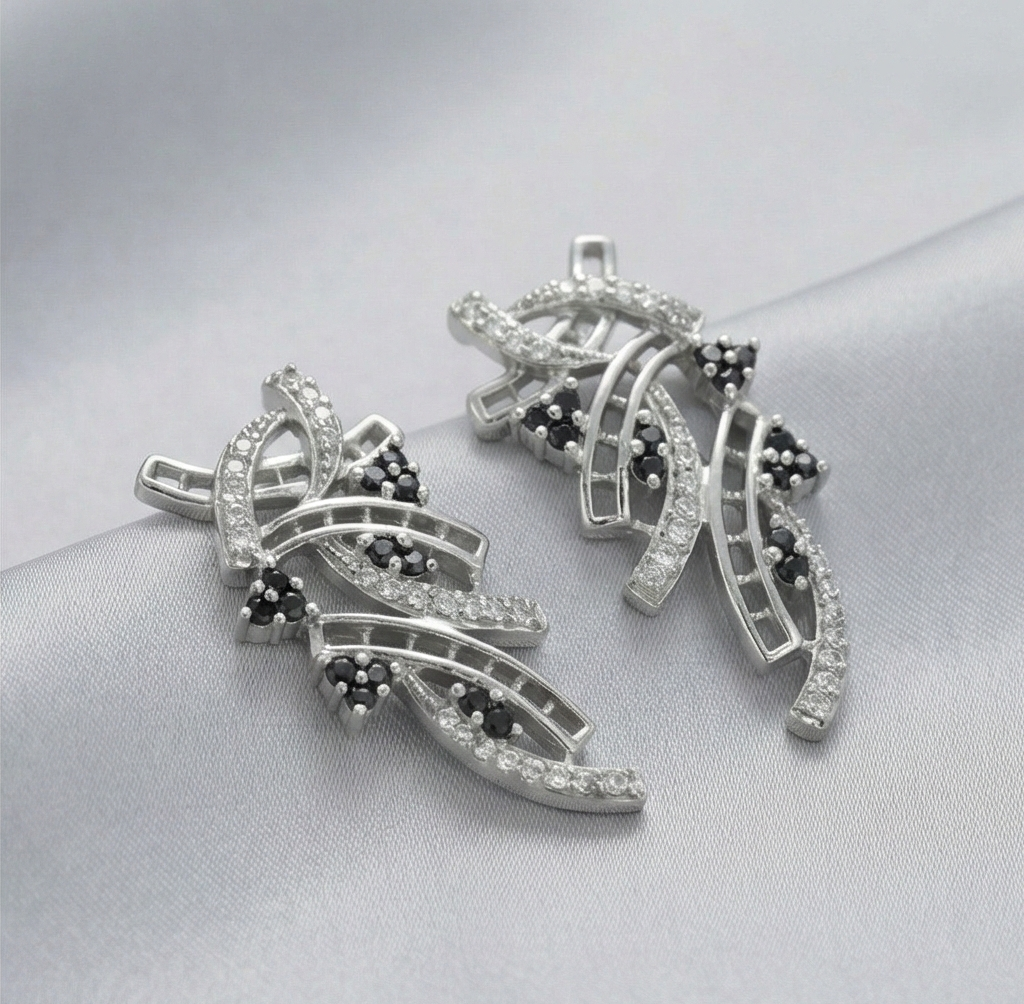 925 Sterling Silver Abstract Wave Stud Earrings with Black and White Stones for Women Rhodium Plated Jewellery