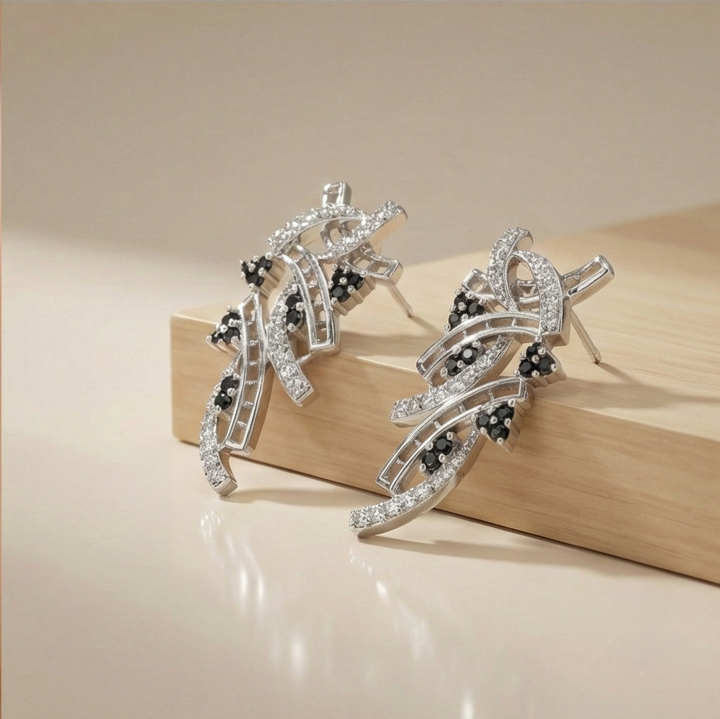 925 Sterling Silver Abstract Wave Stud Earrings with Black and White Stones for Women Rhodium Plated Jewellery