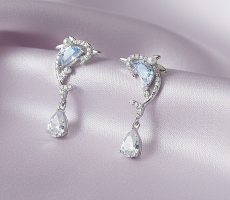 925 Sterling Silver Dolphin Dangle Earrings with Blue Stone and Pearl Accents Jewellery