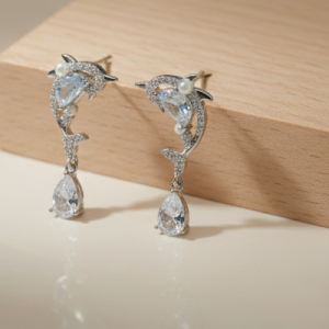 925 Sterling Silver Dolphin Dangle Earrings with Blue Stone and Pearl Accents Jewellery