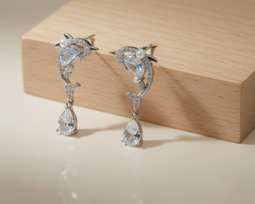 925 Sterling Silver Dolphin Dangle Earrings with Blue Stone and Pearl Accents Jewellery