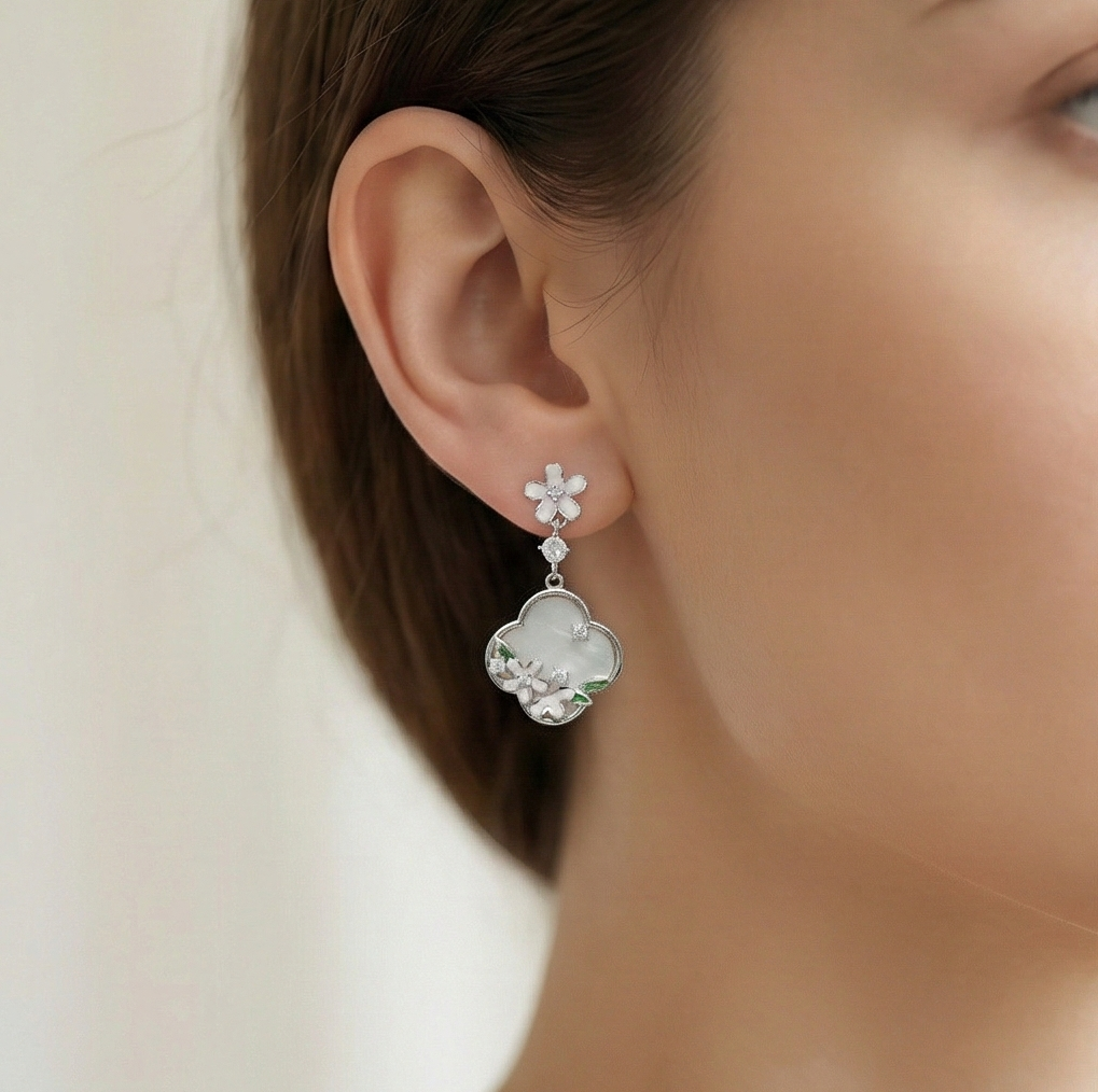 925 Sterling Silver Floral Mother of Pearl Drop Earrings with Enamel Accents Jewellery