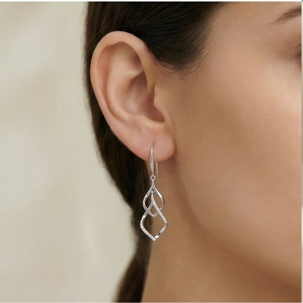 925 Sterling Silver Geometric Twist Openwork Dangler Earrings High Polish Rhodium Jewellery