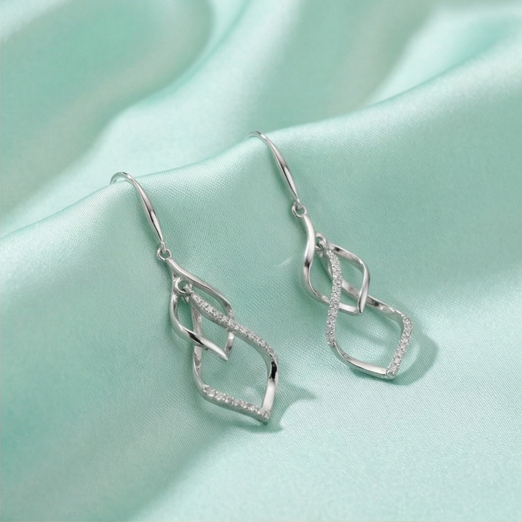 925 Sterling Silver Geometric Twist Openwork Dangler Earrings High Polish Rhodium Jewellery