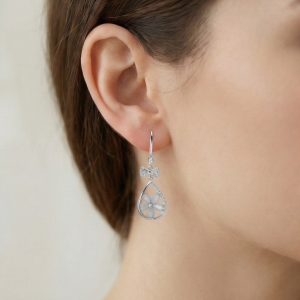 925 Sterling Silver Floral Teardrop Earrings with Bow Detail High Polish Rhodium Jewellery