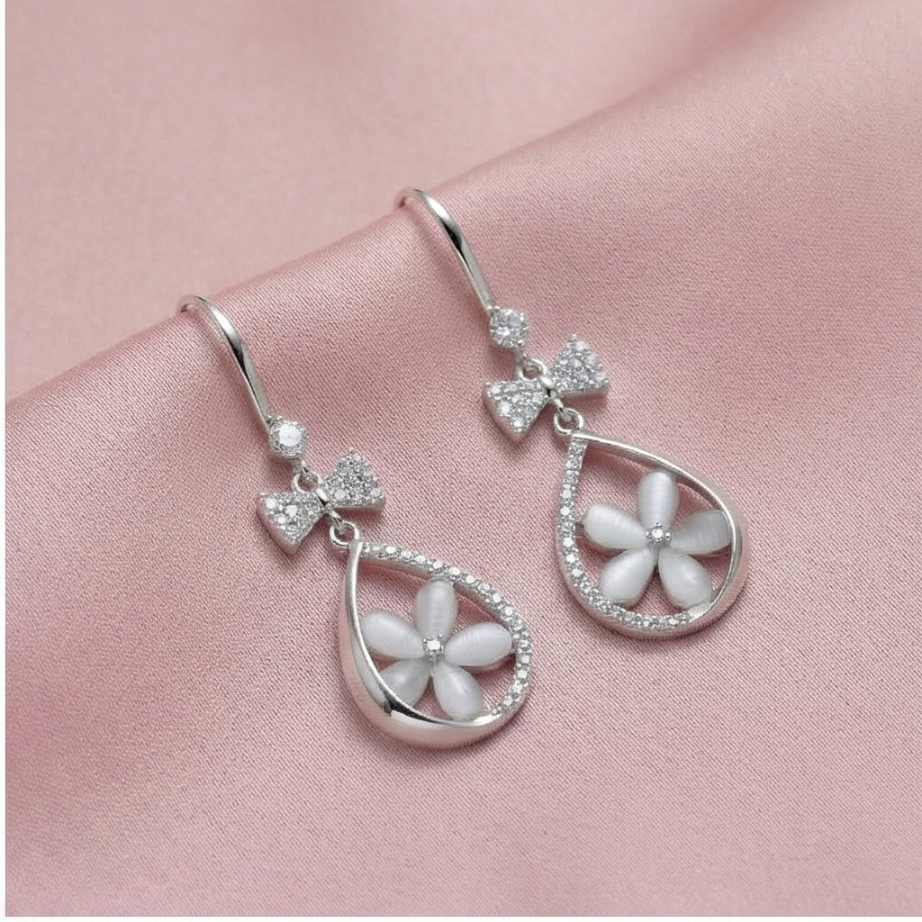 925 Sterling Silver Floral Teardrop Earrings with Bow Detail High Polish Rhodium Jewellery
