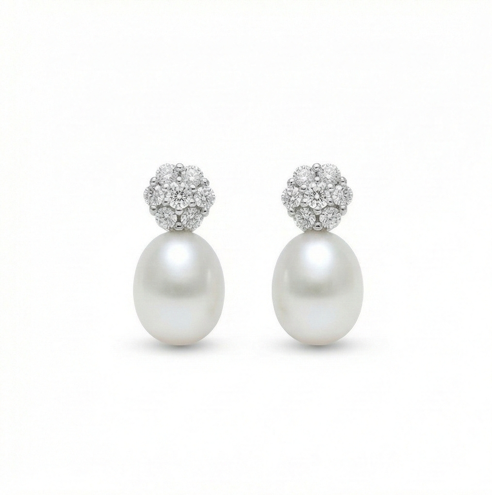 925 Sterling Silver Floral Stud Pearl Drop Earrings Rhodium Plated Jewellery