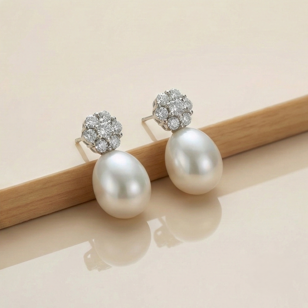 925 Sterling Silver Floral Stud Pearl Drop Earrings Rhodium Plated Jewellery