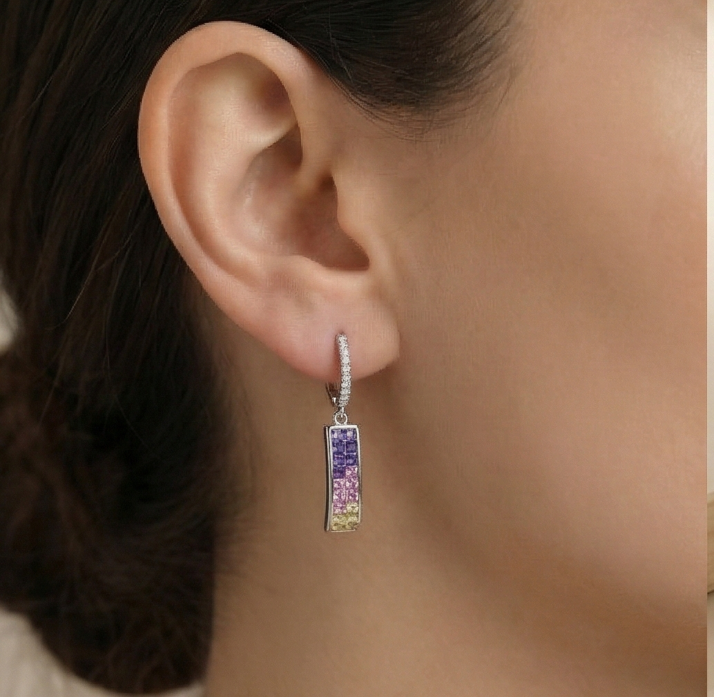 925 Sterling Silver Multicolor Gradient Rectangular Bar Dangle Earrings Jewellery for Women