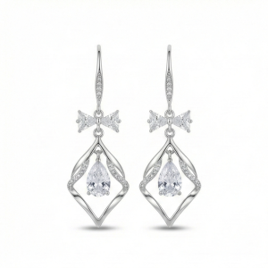 925 Sterling Silver Bow and Geometric Floating Stone Drop Earrings Jewellery