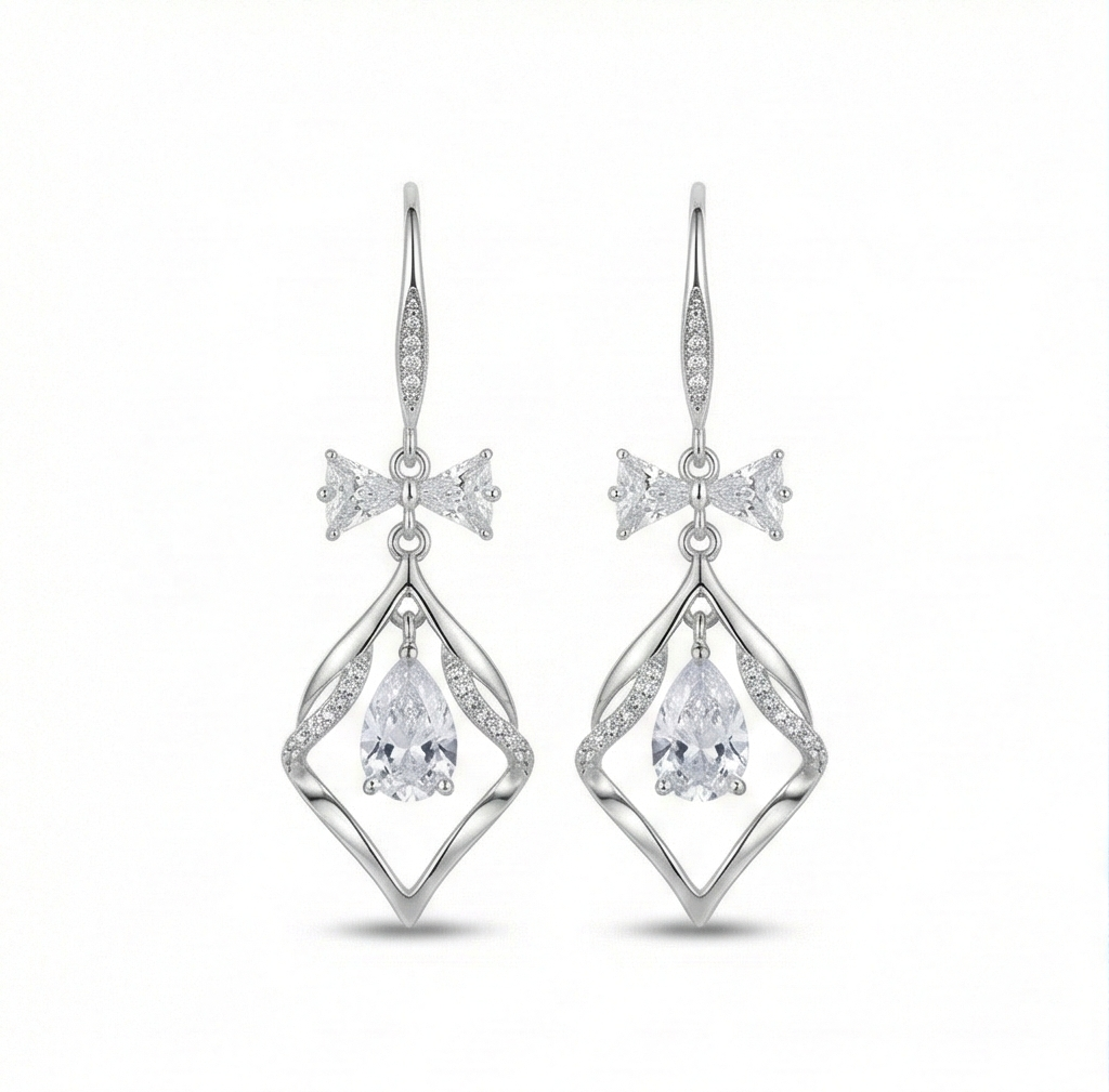 925 Sterling Silver Bow and Geometric Floating Stone Drop Earrings Jewellery