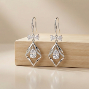 925 Sterling Silver Bow and Geometric Floating Stone Drop Earrings Jewellery