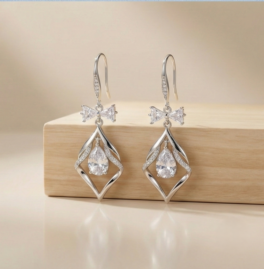 925 Sterling Silver Bow and Geometric Floating Stone Drop Earrings Jewellery