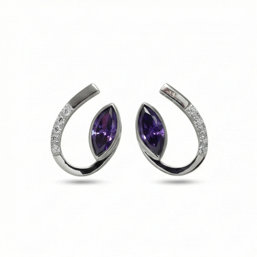 925 Sterling Silver Modern Curved Marquise Purple Stone Stud Earrings Jewellery for Women