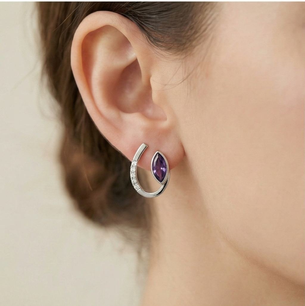 925 Sterling Silver Modern Curved Marquise Purple Stone Stud Earrings Jewellery for Women