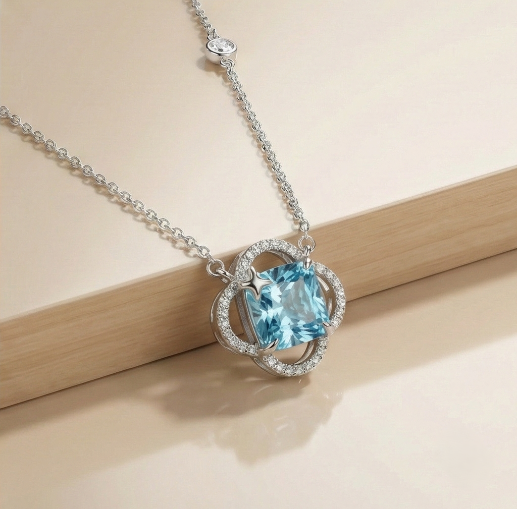 925 Sterling Silver Blue Cushion Stone Openwork Pendant Necklace Jewellery