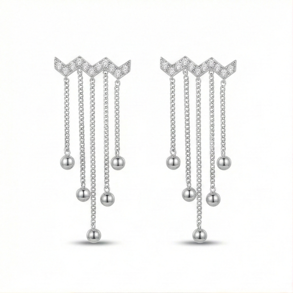 925 Sterling Silver Chevron Fringe Tassel Earrings High Polish Rhodium Jewellery