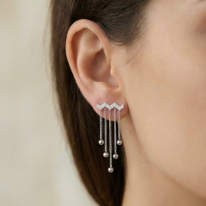 925 Sterling Silver Chevron Fringe Tassel Earrings High Polish Rhodium Jewellery