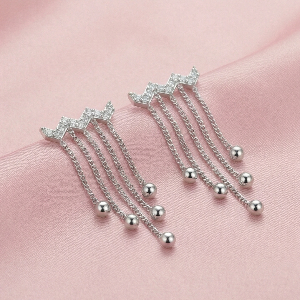 925 Sterling Silver Chevron Fringe Tassel Earrings High Polish Rhodium Jewellery