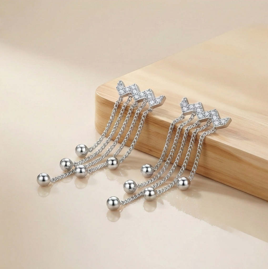 925 Sterling Silver Chevron Fringe Tassel Earrings High Polish Rhodium Jewellery