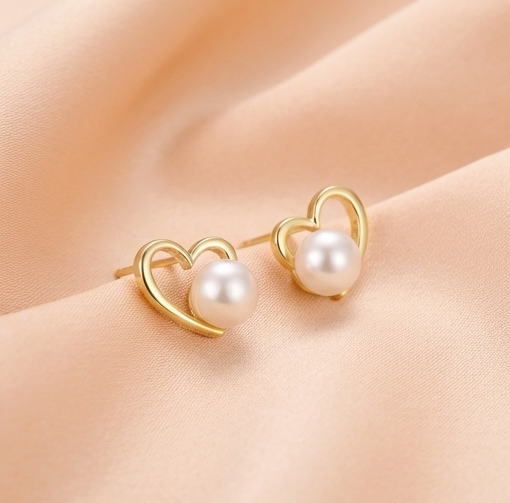 925 Sterling Silver Gold Plated Open Heart Pearl Stud Earrings Jewellery