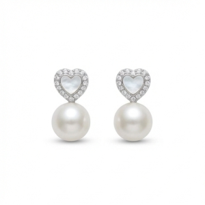 925 Sterling Silver Heart Stud with Pearl Drop Earrings Jewellery High Polish Rhodium Finish