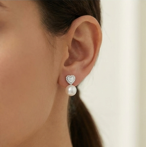 925 Sterling Silver Heart Stud with Pearl Drop Earrings Jewellery High Polish Rhodium Finish