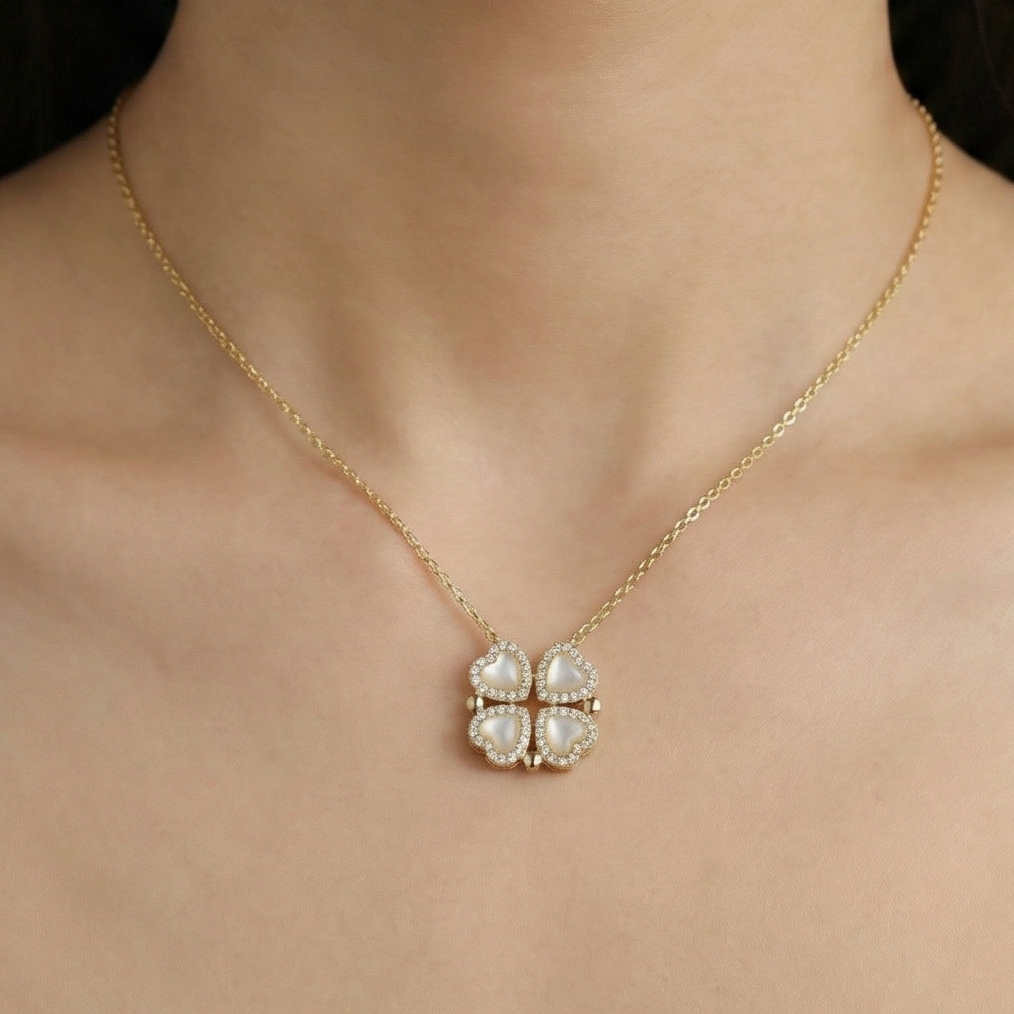 925 Sterling Silver Gold Plated Pearlescent Clover Pendant Necklace Jewellery for Women